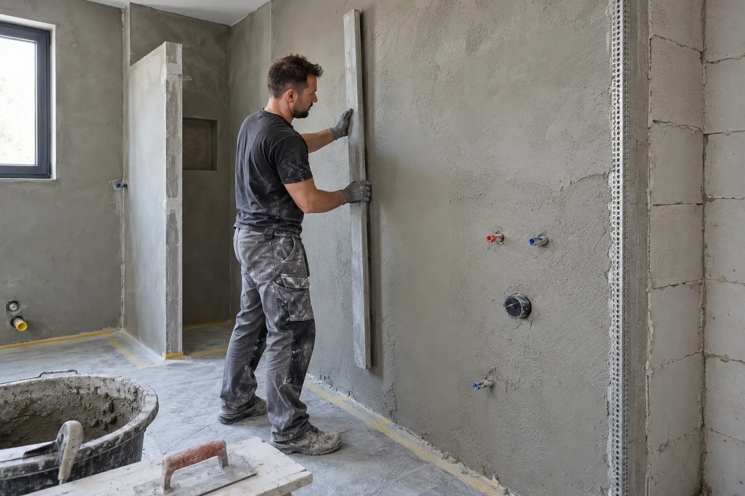 Gipser richtet robusten Kalk-Zement-Putz in einem Badezimmer aus